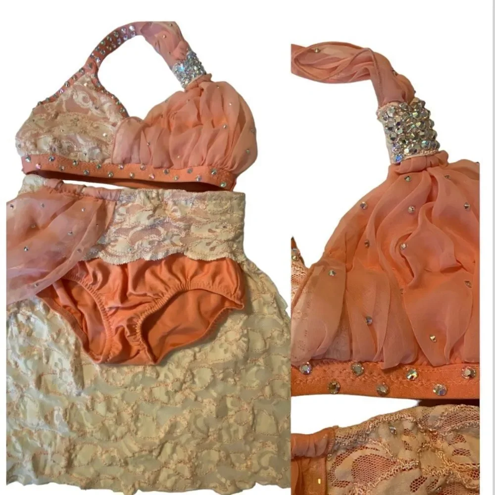 Custom made dance costume blush peach lace rhinestone 2 piece child IC/MC medium
